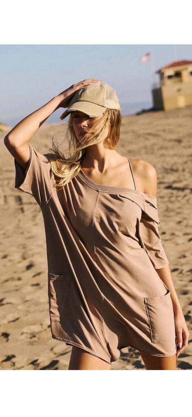Free People Taupe Slouchy Off-Shoulder Romper